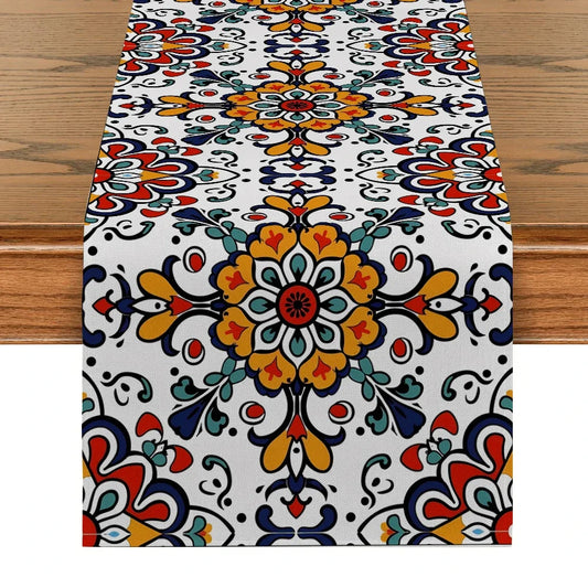 Mexican table runners with geometric tile designs, ideal for decorating dressers, tables, and parties, enhancing kitchen decor with a festive touch.