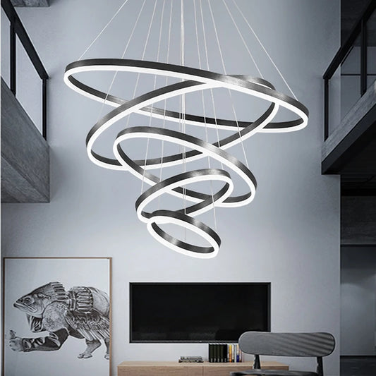 Golden modern LED ring pendant light with creative aluminum design, perfect for living rooms and restaurants.